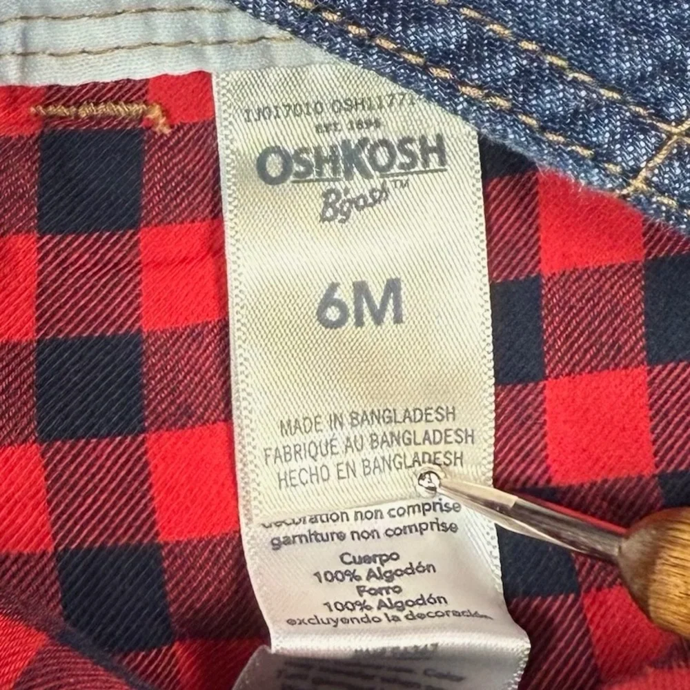 OSHKOSH B'GOSH‎ Baby Girls' Dark Wash Heart Vestbak Red Plaid Lined Overalls 6M
